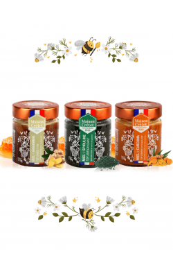lots de 3 miels au gingembre, spiruline et curcuma